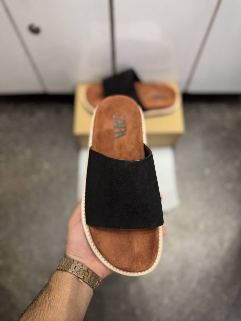 ZARRA PREMIUM SUEDE SLIDE BLACK TAN 026
