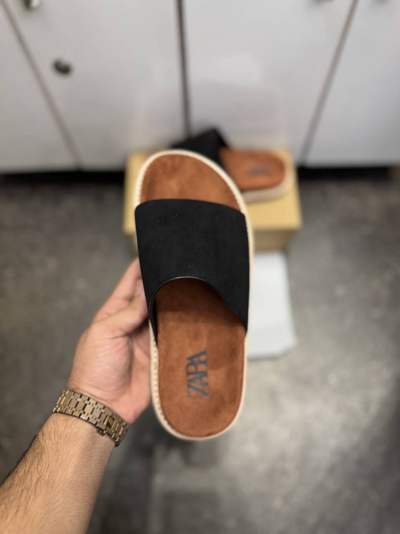 ZARRA PREMIUM SUEDE SLIDE BLACK TAN 026