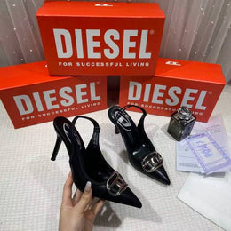 Dieseel D-Venus Slingback Pumps Black Leather Striking Silver-tone Oval D logo Pointed Toe Heel With OG Box 4907-1 Black