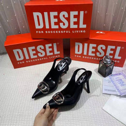 Dieseel D-Venus Slingback Pumps Black Leather Striking Silver-tone Oval D logo Pointed Toe Heel With OG Box 4907-1 Black