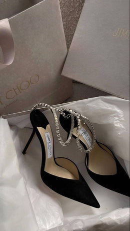 Jimmmy Chooo Saeda Crystal-chain Pumps Black Featuring Crystal Embellished Ankle strap Stiletto Heel With OG & Bag 4907-28 Black