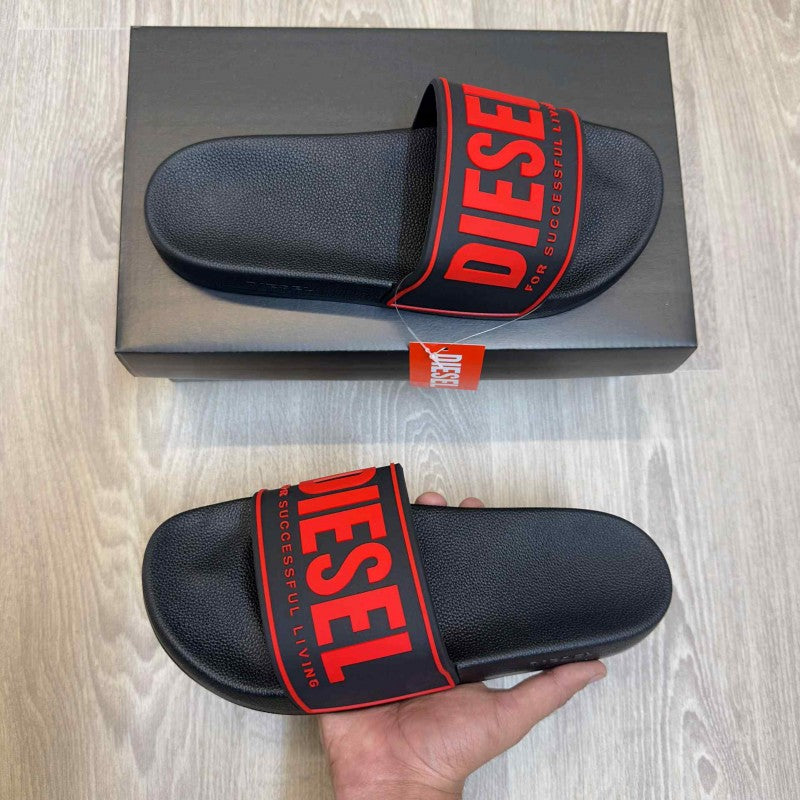 Diesel Mayemi Logo Embossed Black Red Slides