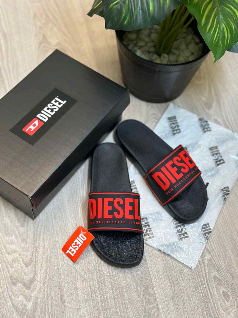 Diesel Mayemi Logo Embossed Black Red Slides