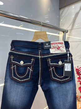 True Religion Blue shade Boot Cut Premium Imported Stretchable Lycra Fabric Denim with Back Pocket Embroidered Design 3956