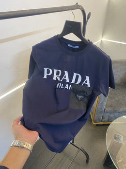Prada turkey imported front pocket and print imported round neck tshirt navy blue sale