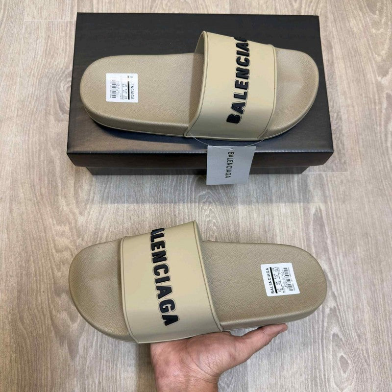 Balenciaga Logo Embossed Pool Beige Black Slides