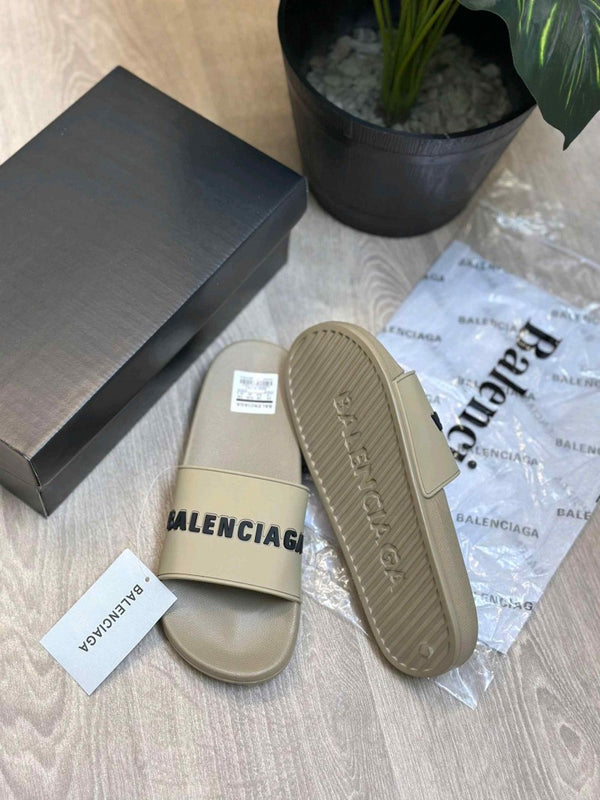 Balenciaga Logo Embossed Pool Beige Black Slides