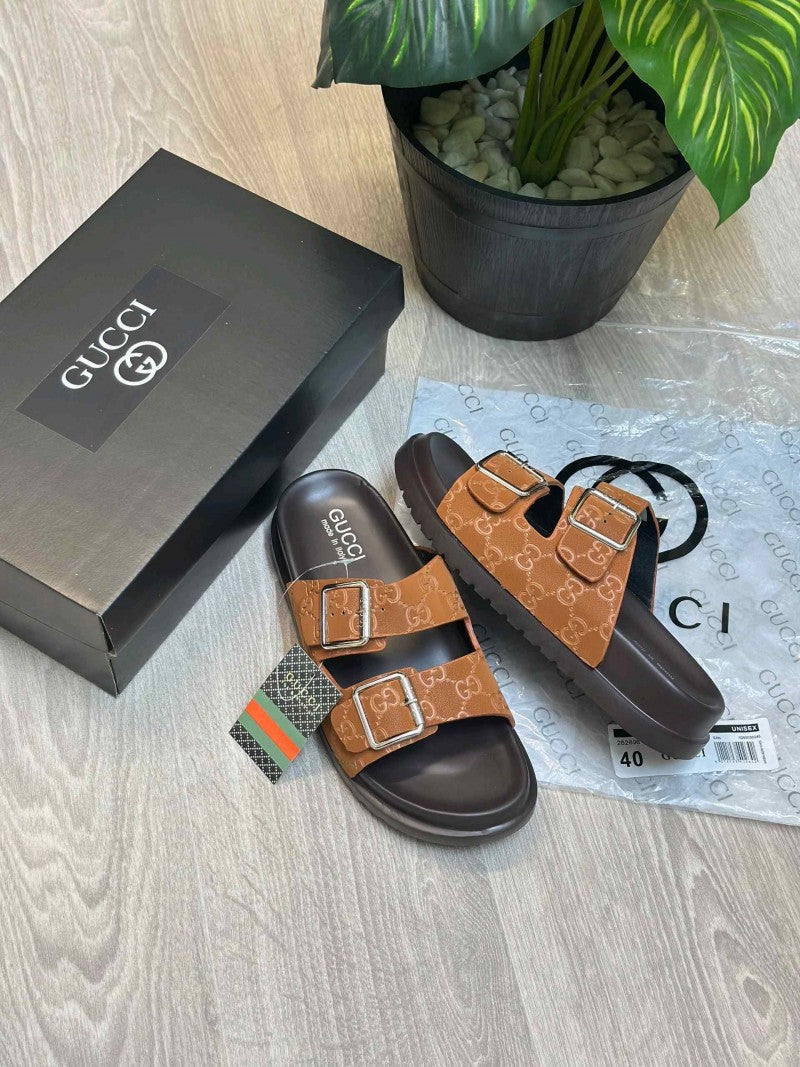 Gucci GG Monogram Adjust Double Strap Brown Sandal