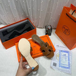 Hermes Oasis Sandals Dark Brown H cut-out Stacked Block Heel With OG & Carry Bag 778 Dark Brown