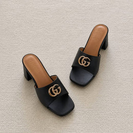 Gucci GG Logo Mid Heel Slide Sandal Black Interlocking G With OG Box & Carry Bag 2738 Black