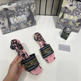 Christian Dioor Dway Heeled Slide Signature Embroidered Pink Black With OG Box & Carry Bag 755-1 Black