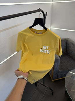 Of white Imported round neck tshirt with front and back print yellow