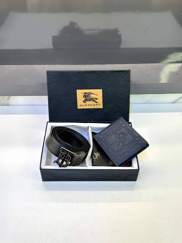 Burberry Blue Grey Belt & Wallet Combo Fa 723