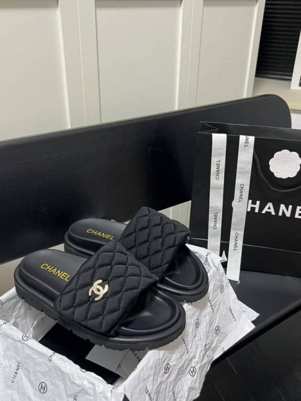 Chanel Camellia Classic Flip Flops With OG Box & Carry Bag (Black - 1077)