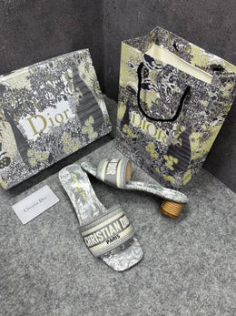 Christian Dioor Dway Heeled Slide Signature Embroidered Grey With OG Box & Carry Bag 755-1 Gray