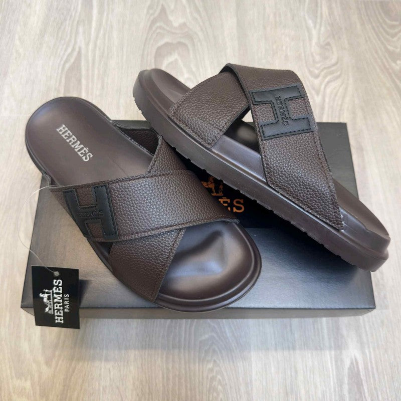 Hermes Criss-Cross Strap Premium Leather Brown Slides