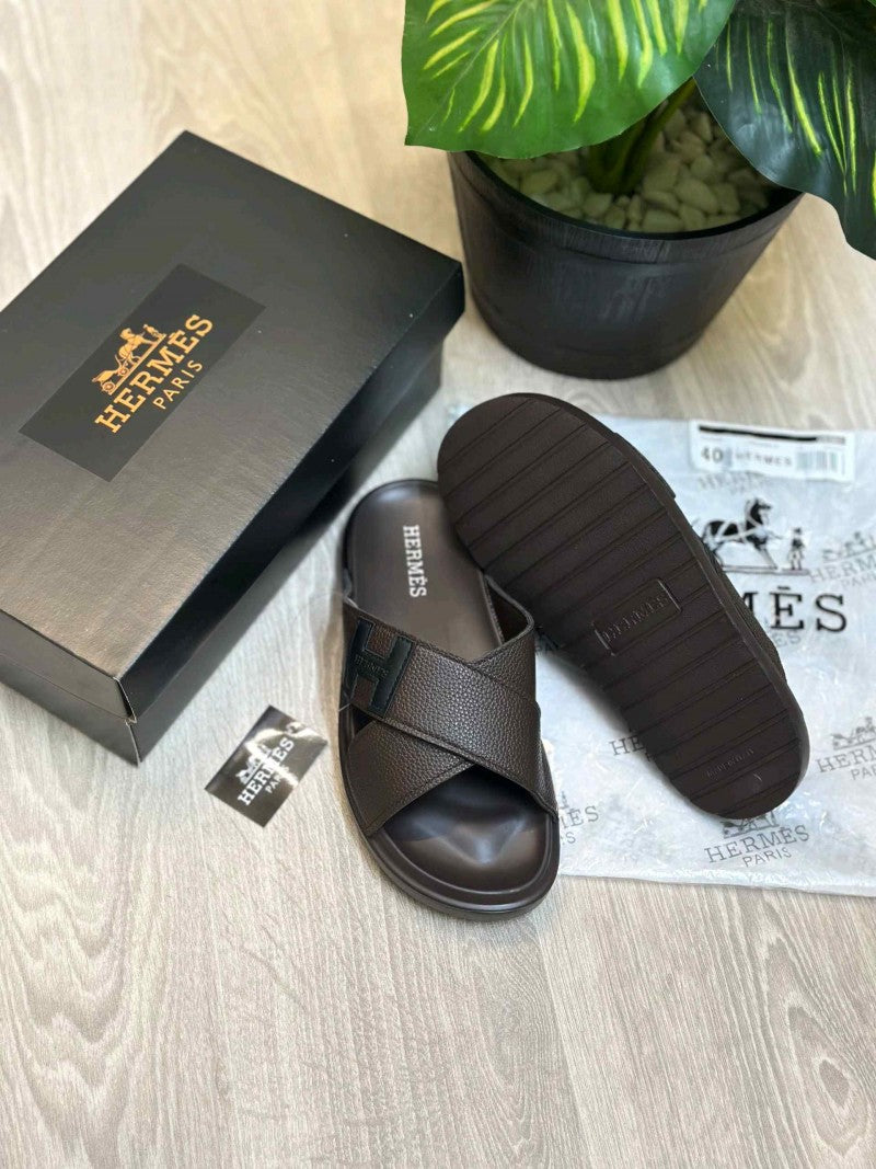 Hermes Criss-Cross Strap Premium Leather Brown Slides