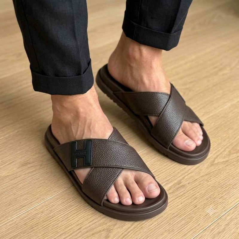 Hermes Criss-Cross Strap Premium Leather Brown Slides