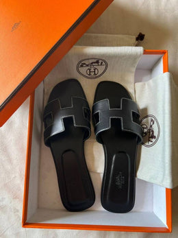 Hermes Paris Oran Black Flats For Her With OG Box & Carry Bag Slide Black
