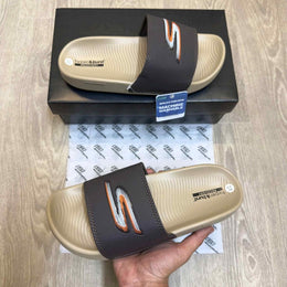 Skechers Hyper Burst Soft Premium White Orange Logo Brown Beige Flip-Flop SE12