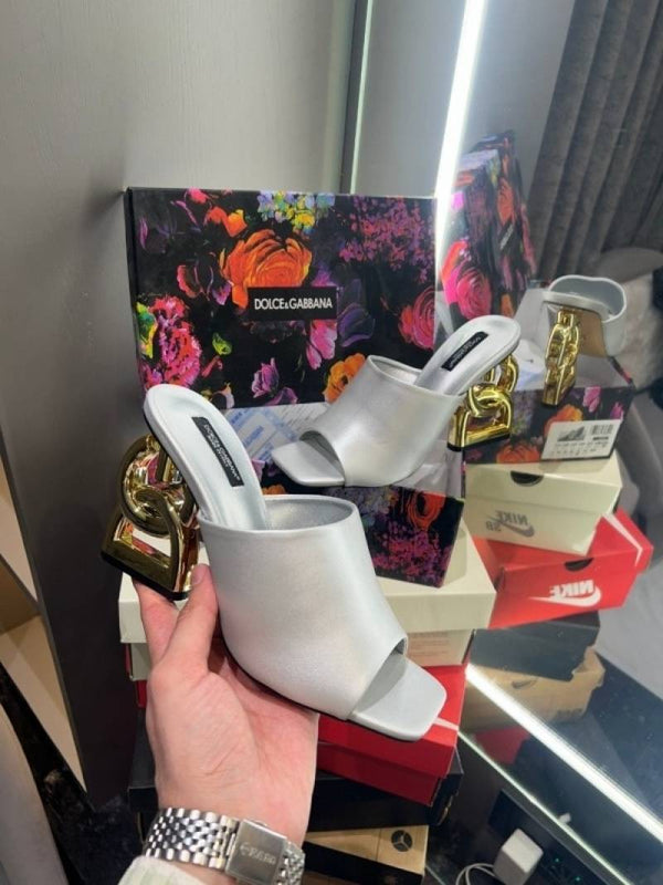 Dolcce & Gabbana D&G High Heel Gold Sandals With OG Box & Carry Bag (Silver - 1044)