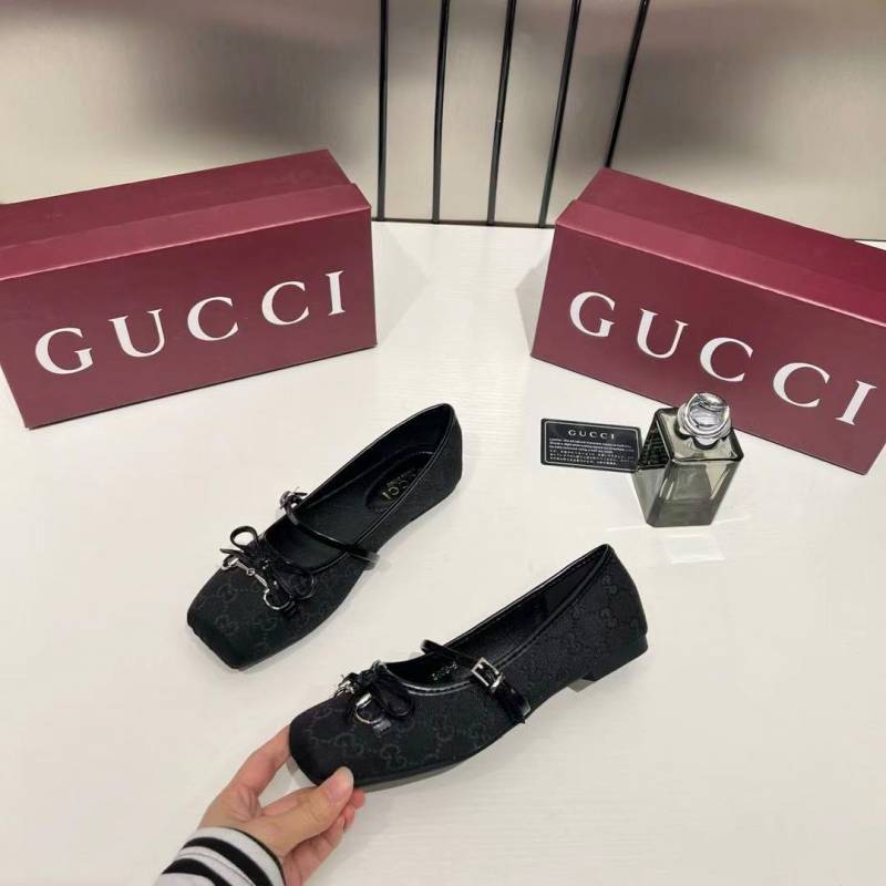 Gucci GG Canvas Strap Ballet Flats Signature Monogram Pattern Bow With OG Box & Carry Bag 8058-6 Black