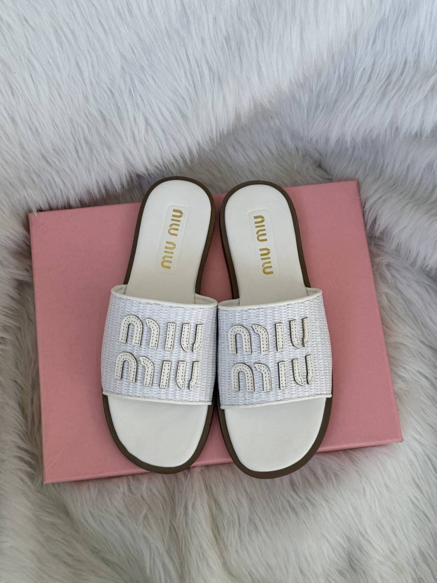 Miu Miu Raffia Effect On Sale White Slides For Her With Original Box And Dustcover