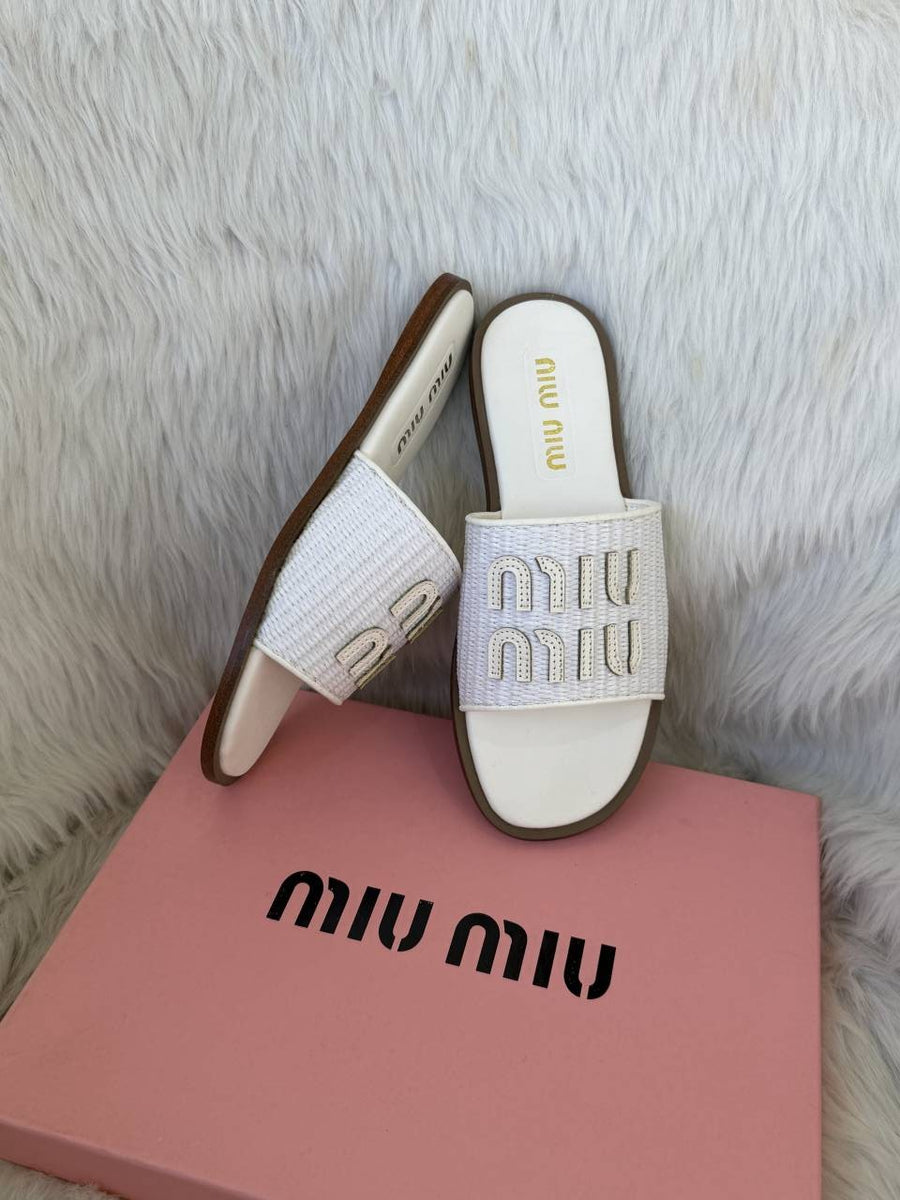 Miu Miu Raffia Effect On Sale White Slides For Her With Original Box And Dustcover
