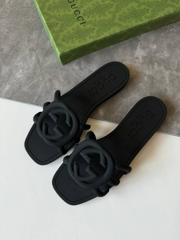 Gucci Interlocking G Slides Black With Original Box CarryBag 4750-22 Black