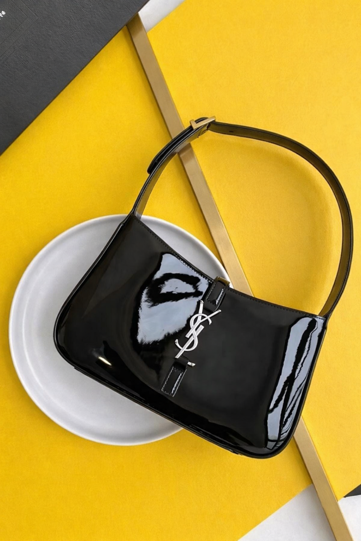 Ysl Hobo Patent Leather Black-Silver Top Zip Shoulder Bag With OriginalBox