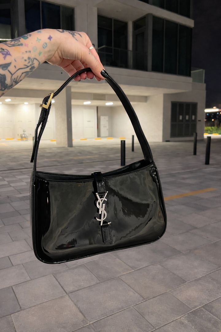Ysl Hobo Patent Leather Black-Silver Top Zip Shoulder Bag With OriginalBox