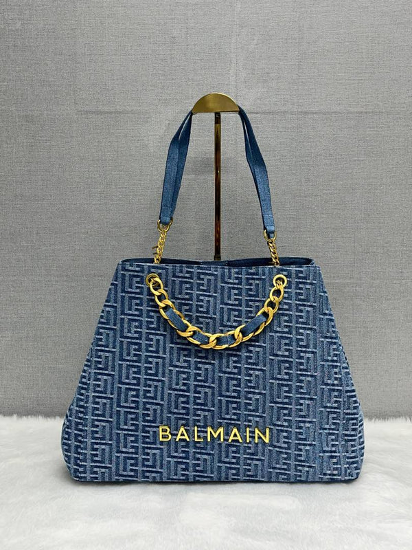 Balmain Jacquard Denim Logo Plaque Tote With DustCover