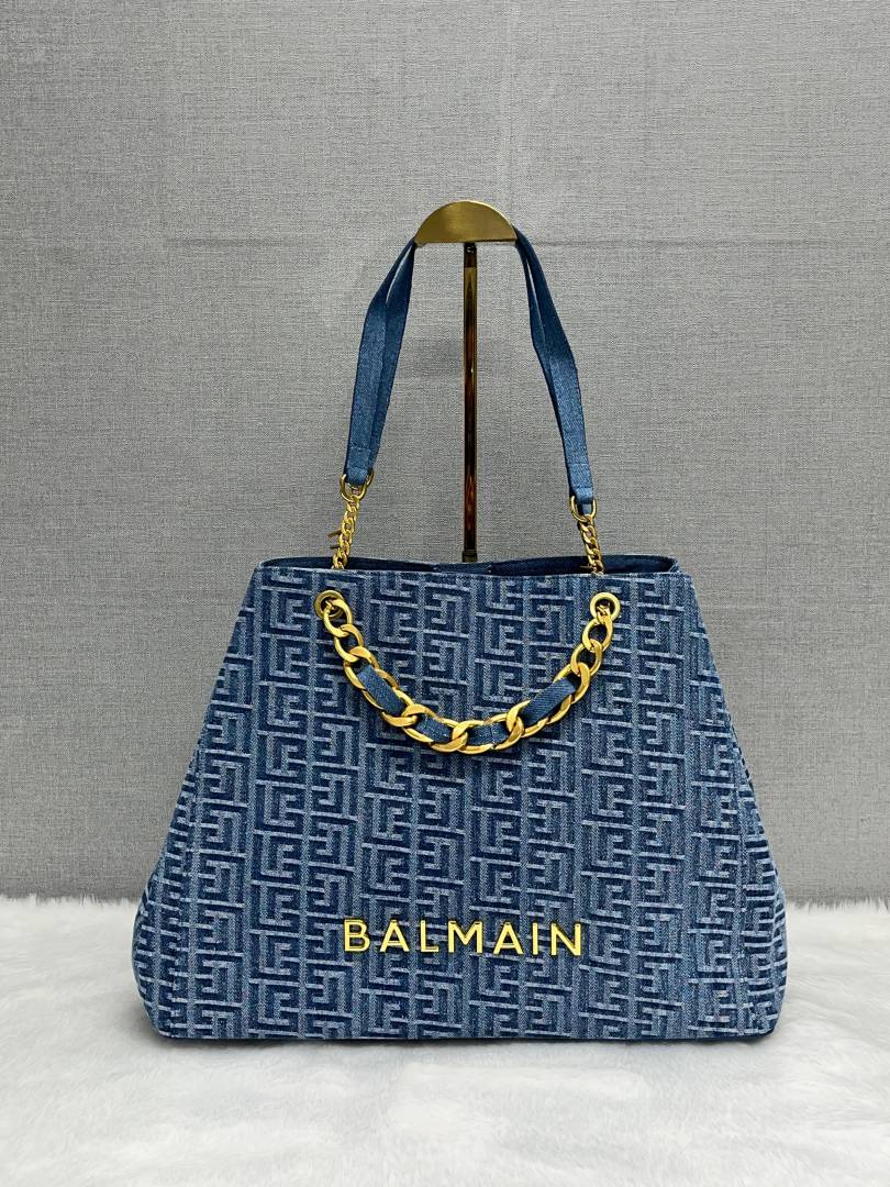 Balmain Jacquard Denim Logo Plaque Tote With DustCover