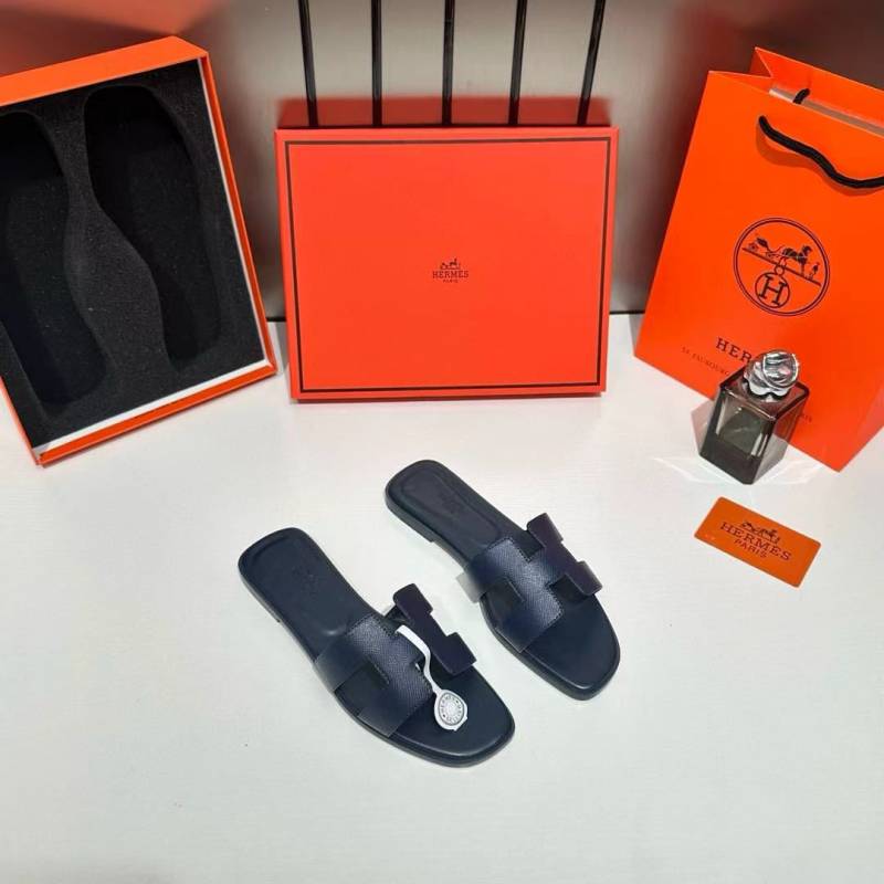 Hermes Paris Oran Flats For Her With OG Box & Carry Bag Dark Blue Slide H38 Dark Blue