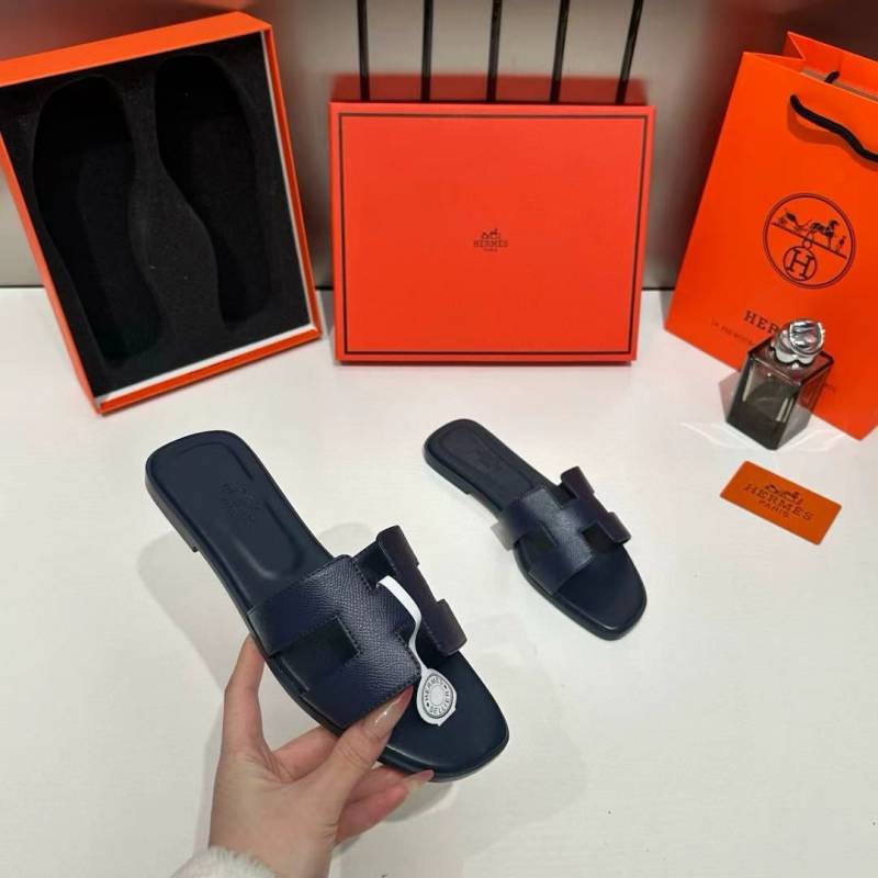 Hermes Paris Oran Flats For Her With OG Box & Carry Bag Dark Blue Slide H38 Dark Blue