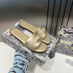 Christian Dioor Dway Slide Flats Metallic Gold Embroidered Signature Logo With OG Box & Carry Bag 1890-60 Gold