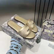 Christian Dioor Dway Slide Flats Metallic Gold Embroidered Signature Logo With OG Box & Carry Bag 1890-60 Gold
