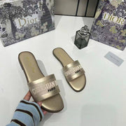 Christian Dioor Dway Slide Flats Metallic Gold Embroidered Signature Logo With OG Box & Carry Bag 1890-60 Gold
