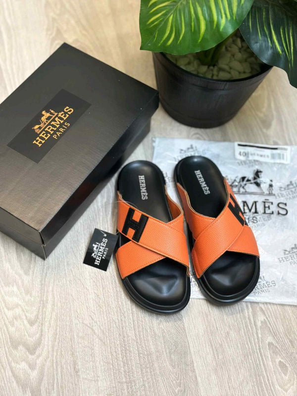 Hermes Criss-Cross Strap Premium Leather Orange Slides