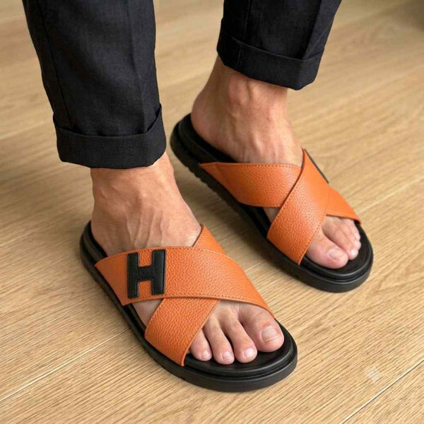 Hermes Criss-Cross Strap Premium Leather Orange Slides