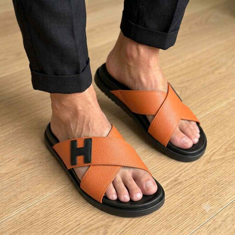 Hermes Criss-Cross Strap Premium Leather Orange Slides