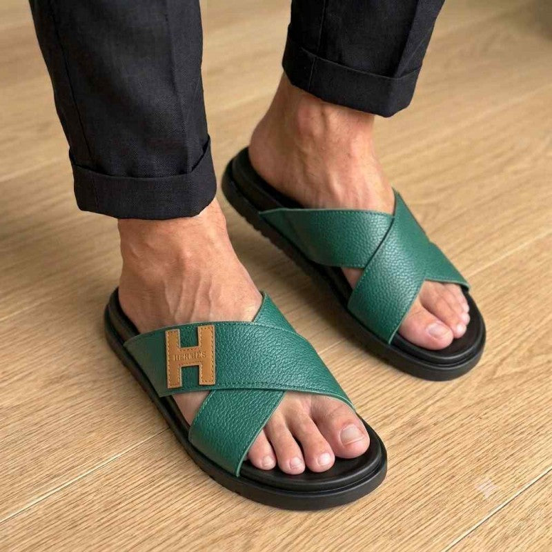 Hermes Criss-Cross Strap Premium Leather Green Slides