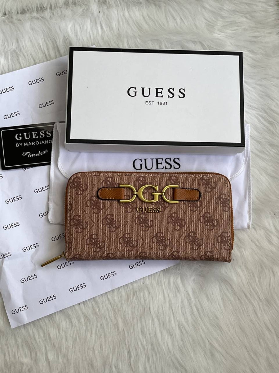 Guess 001 Light Apricot Long Zippy Wallet With Original Box Dust Cover Card & Brand Packaging