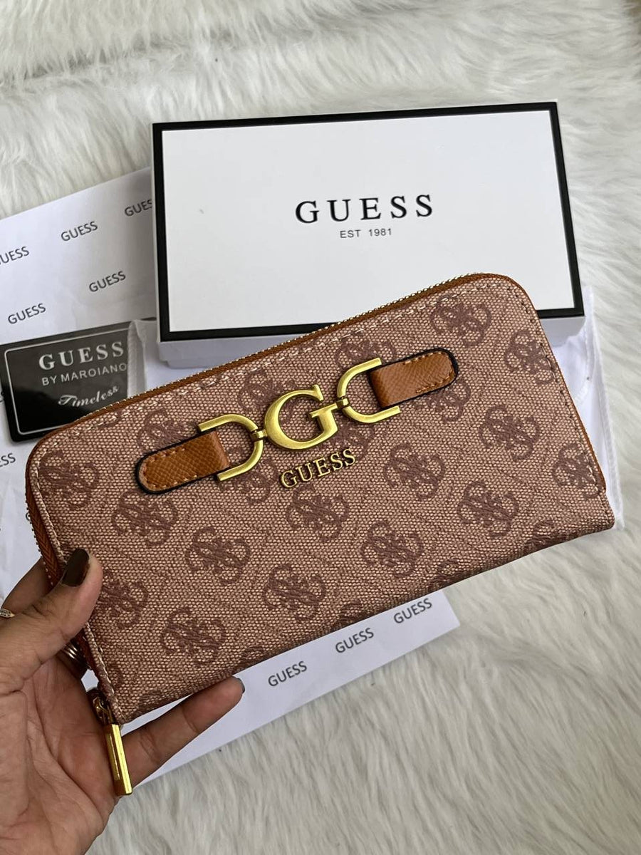 Guess 001 Light Apricot Long Zippy Wallet With Original Box Dust Cover Card & Brand Packaging