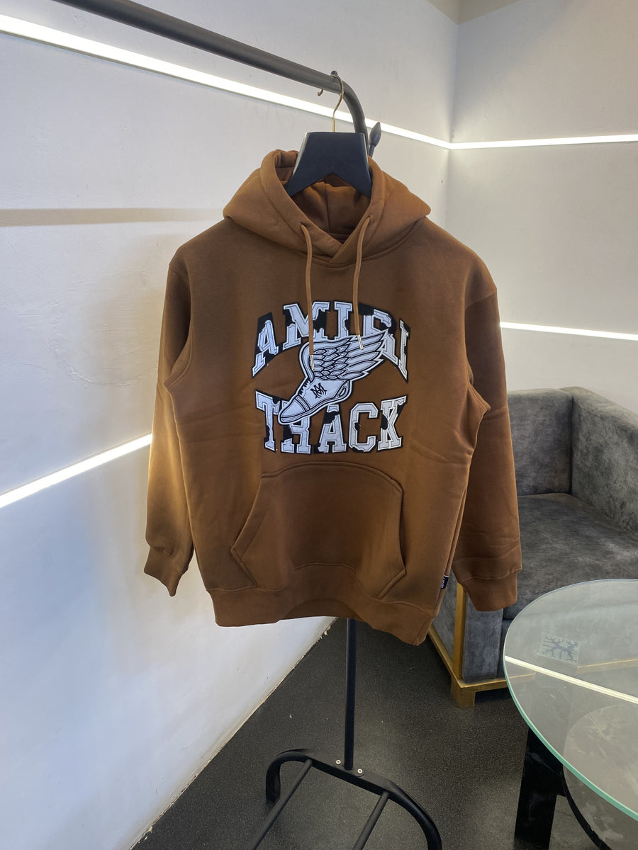 Amiri heavy gsm fleece fabric hoody sweatshirt with ameeri applique embroidery work with shaded spray work as original brown
