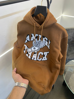 Amiri heavy gsm fleece fabric hoody sweatshirt with ameeri applique embroidery work with shaded spray work as original brown