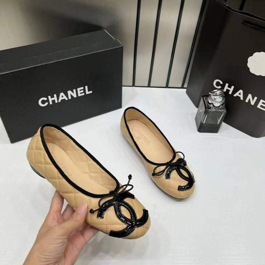 Chanel_Quilted_Cambon_Leather_Ballet_Flats_In_Apricot_Beige_Black_Toe_Bow_With_OG_Box_&_Carry_Bag