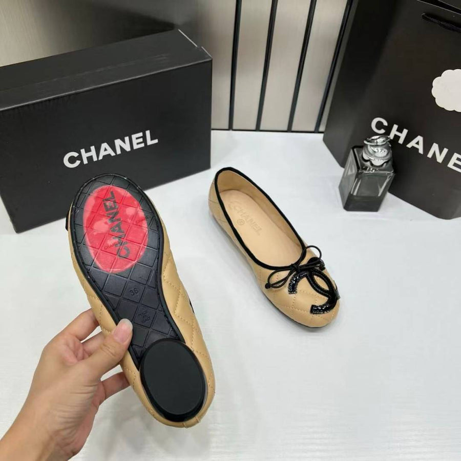 Chanel_Quilted_Cambon_Leather_Ballet_Flats_In_Apricot_Beige_Black_Toe_Bow_With_OG_Box_&_Carry_Bag