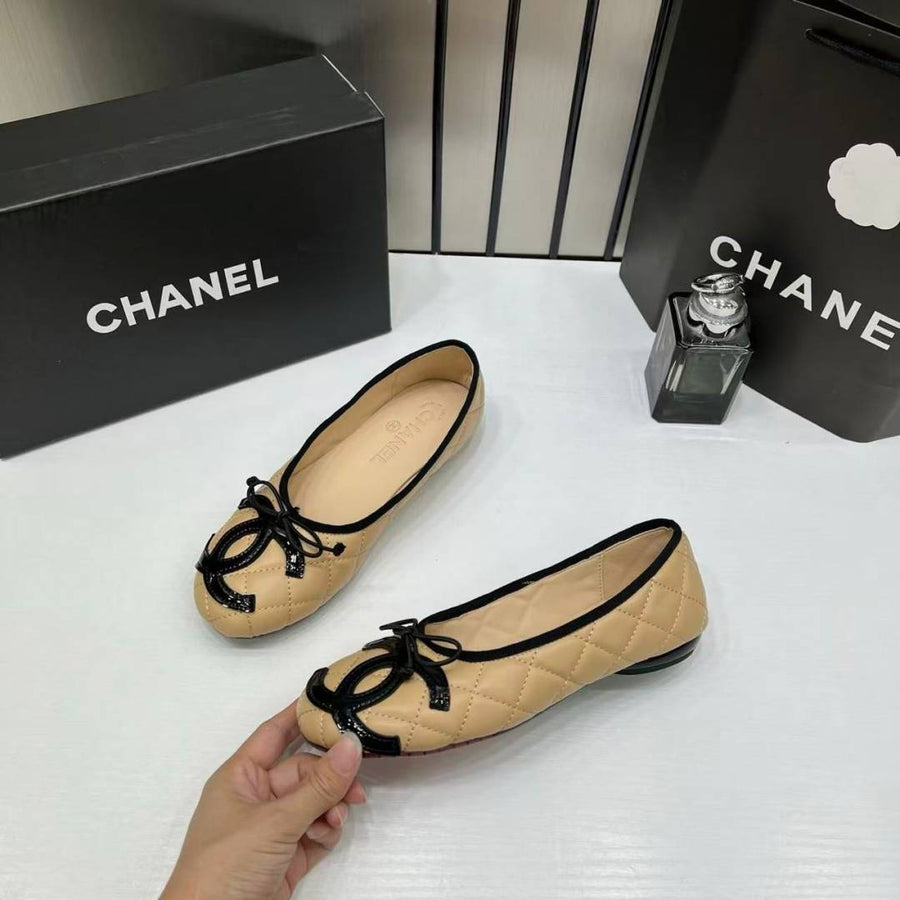 Chanel_Quilted_Cambon_Leather_Ballet_Flats_In_Apricot_Beige_Black_Toe_Bow_With_OG_Box_&_Carry_Bag