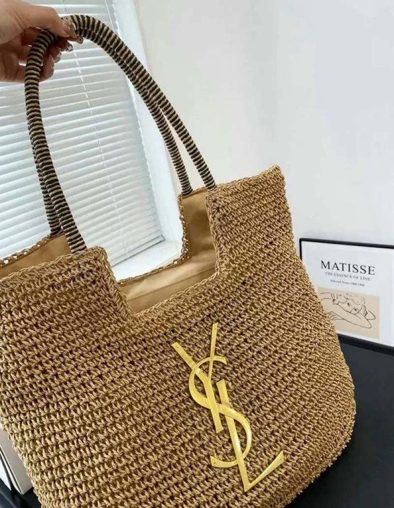 YSL Saint Laurent ICare Raffia Jute Tote Bag With OG Box & Dust Bag (Brown - 991)